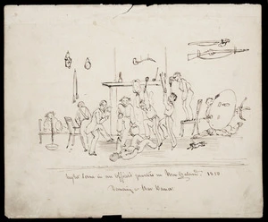[Heaphy, Charles?], 1820-1881 :Night scene in an officer's quarters in New Zealand. 1850. Dancing a war dance.
