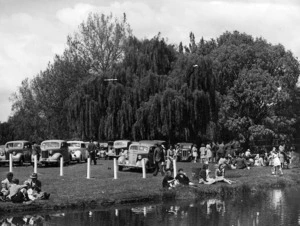 Cars, trees and duck pond, at the Tomoana Showgrounds, Tomoana