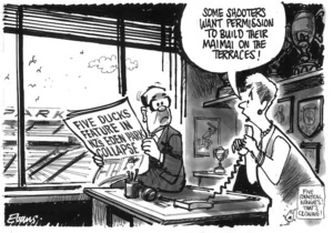 Evans, Malcolm 1945-:Some shooters want permission to build their maimai on the terraces! New Zealand Herald, 14 March, 2001.