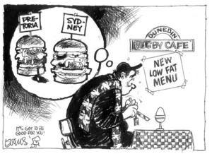 Evans, Malcolm, 1945- :Dunedin Rugby Cafe. New low fat menu. New Zealand Herald, 11 August 2003.