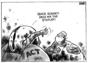 Evans, Malcolm, 1945- :Quick Rodney- pass me the stapler! New Zealand Herald, 11 February, 2003.