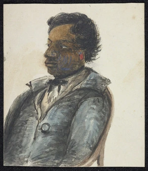 Pearse, John 1808-1882 :[Seated Maori man with a red earring. Between 1852 and 1856]