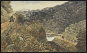 Pearse, John, 1808-1882 :The 'Gorge' between the upper and lower valley of the Hutt, N Z. The road leads over the Rimutaka Range into the Wairarapa Valley. [1852 or 1853]