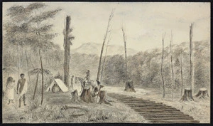 Pearse, John, 1808-1882 :"Corduroy" road near the Pakaratai below the Rimutaka. [ca 1854]