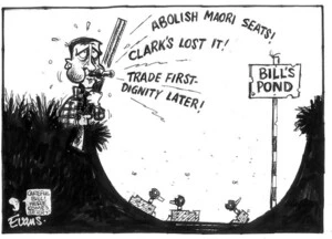 Evans, Malcolm, 1945- :Abolish Maori seats! Clark's lost it! Trade first - dignity later! New Zealand Herald, 5 May 2003.