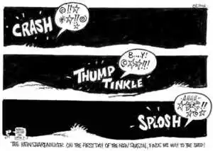 Evans, Malcolm 1945- :CRASH '@!!***!!@' THUMP TINKLE 'B....Y!@**!!!' SPLOSH 'AHHH - *@!!*@*' 'Watch out for the offal?...' The new sharemilker on the first day of the new season, finds his way to the shed! New Zealand Herald, 05 June 2001.