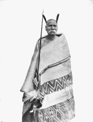 Maori man, possibly Nikorima Tamaihurihuri, wearing a Maori cloak