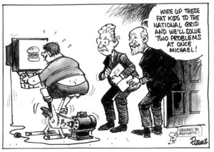 Evans, Malcolm, 1945- :Wire up these fat kids to the national grid and we'll solve two problems at once Michael! New Zealand Herald, 20 April 2003.