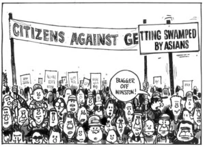 Evans, Malcolm, 1945- :Citizens Against GE tting swamped by Asians. 'Bugger off Winston!' New Zealand Herald, 18 November, 2002.