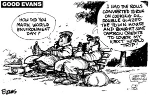 "How did you mark World Environment Day?" "I had the Rolls converted to run on cooking oil, double glazed the town house and bought some carbon credits to cover my next world trip." 9 June, 2008