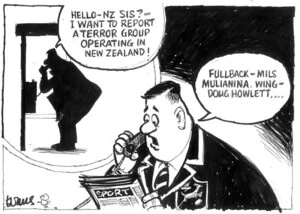 Evans, Malcolm, 1945- :Hello - NZ SIS? - I want to report a terror group operating in New Zealand! New Zealand Herald, 6 August 2003.