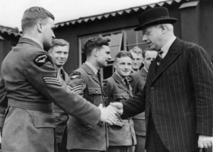 Peter Fraser greeting New Zealand soldiers during his visit to England