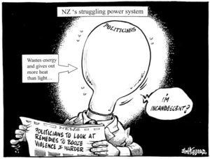'NZ's struggling power system'. "Wastes energy and gives out more heat than light...' "I'm incandescent!" 18 June, 2008