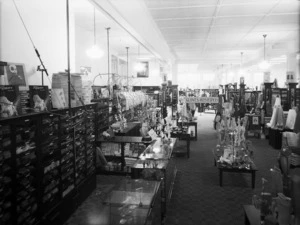 Inside of McGruer's store showing lingerie, hosiery and fabrics for sale