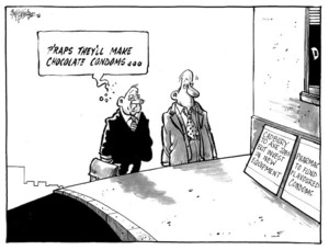Cadbury to axe jobs but invest in new equipment. Pharmac to fund flavoured condoms. "P'raps they'll make chocolate condoms..." 24 August, 2008