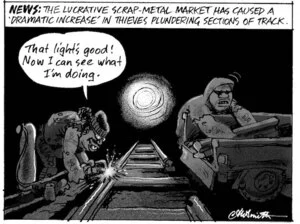 'News - The lucrative scrap-metal market has caused a "dramatic increase" in thieves plundering sections of track'. "That light's good! Now I see what I'm doing." 30 July, 2008