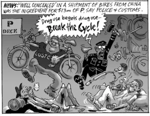 News. 'Well concealed' in a shipment of bikes from China was the ingredient for $13m of P, say police and customs. "Drug use begets drug use - BREAK THE CYCLE!" 12 December, 2007