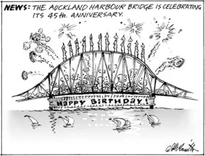 News. The Auckland Harbour Bridge is celebrating its 45th anniversary. Happy birthday. 3 April, 2004