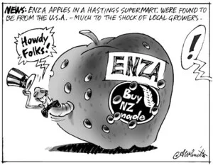News. ENZA apples in a Hastings Supermart. were found to be from the U.S.A. Much to the shock of local growers. "Howdy folks!" 5 February, 2008.