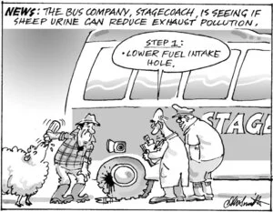 News. The bus company, Stagecoach, is seeing if sheep urine can reduce exhaust pollution. "Step 1. Lower fuel intake hole." 15 June, 2005