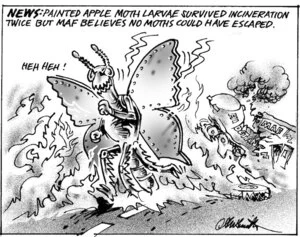 Smith, Ashley W., 1948- :News. Painted Apple moth larvae survived incineration twice but MAF believes no moths could have escaped. New Zealand Shipping Gazette, 22 November 2003.
