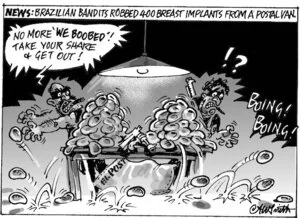 News. Brazilian bandits robbed 400 breat implants from a postal van. "No more 'We boobed'! Take your share & get out!" 13 July, 2005