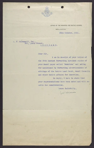 To McDonnell from W H Herries at Office of the Minister for Native Affairs, Wellington