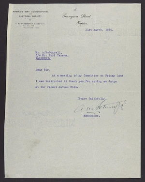 To McDonnell from A M Retemeyer, Hawke's Bay Agricultural and Pastoral Society, Napier