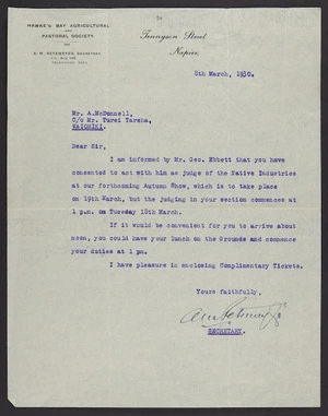 To McDonnell from A M Retemeyer, Hawke's Bay Agricultural and Pastoral Society, Napier
