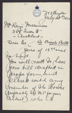 To McDonnell from M J Savage, House of Representatives, Wellington