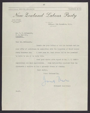 To McDonnell from James Thorn, New Zealand Labour Party Head Office