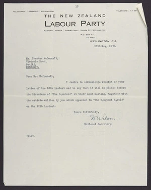 To McDonnell from D Wilson, New Zealand Labour Party National Office, Wellington