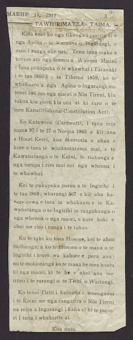 Tawhirimatea Taima (newspaper clipping)