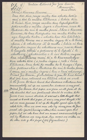 Copy of letter to Governor Gore Browne from certain natives, Manawatu