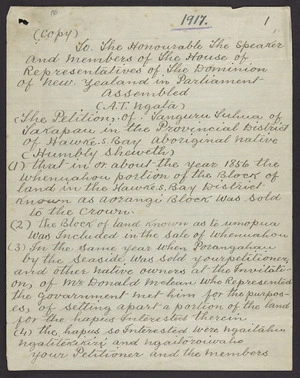 Copy of Petition of Tanguru Tuhua of Takapau
