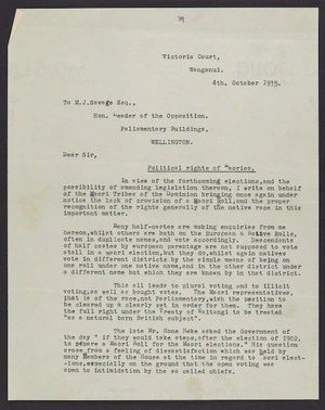 Unsigned letter to M J Savage re political rights of Maori
