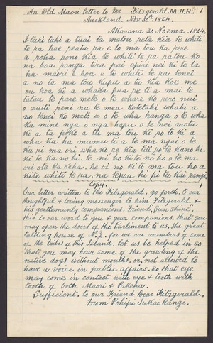 Copy of letter to Fitzgerald from Pohipi Tukai Rangi