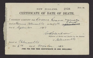 Death certificate of Rereana Paraone Ngawaki