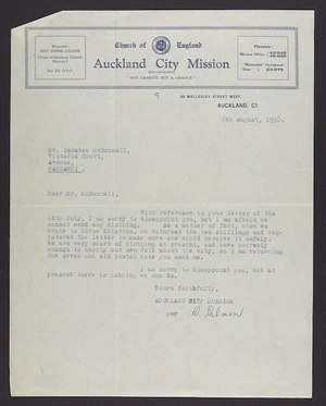 To McDonnell from W Palmer, at Auckland City Mission, re donation of clothing