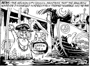 Smith, Ashley W., 1948- :News. The Nelson City Council maintains that the Rainbow Warrior discharged inadequately treated sewerage into the port. New Zealand Shipping Gazette, 18 November 2000.