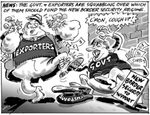 Smith, Ashley W., 1948- :News. The govt. & exporters are squabbling over which of them should fund the new border security regime. New Zealand Shipping Gazette, 6 March 2004.