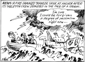 Smith, Ashley W., 1948- :News. A fire-damaged trawler sank at anchor after its skeleton crew departed in the face of a storm. New Zealand Shipping Gazette, 11 November 2000.