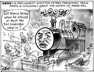 Smith, Ashley W., 1948- :News. In parliament, Winston Peters presented train parts & concerns about the safety of Tranz Rail. New Zealand Shipping Gazette, 15 March 2003.