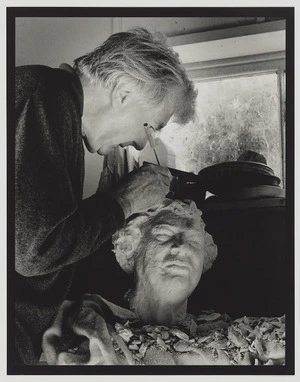 Anthony Stones sculpting portrait bust of Janet Frame