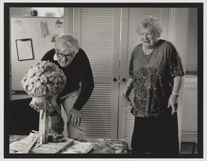 Anthony Stones and Janet Frame inspect portrait bust of Janet Frame