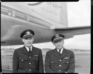 Canadian Pacific Airlines plane 'Empress of Vancouver' at Whenuapai, with Captain M D lee and Captain J K Potter