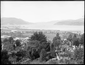 View overlooking a cemetery towards port and Otago Harbour
