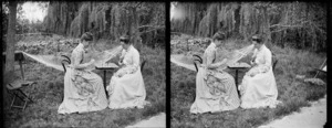 Lydia Myrtle Williams (right) and an unidentified woman playing chess at table in the garden of Lydia and William Williams' house, Carlyle Street, Napier, Hawkes Bay Region, including hammock