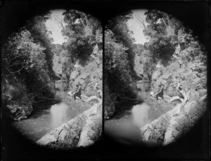 Unidentified man sitting on log in creek, location unknown