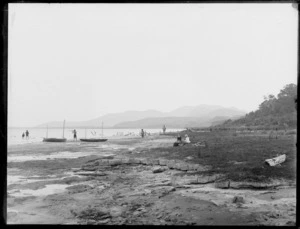 Coastal scene [Porirua Harbour, Wellington Region?] including boats and unidentified people